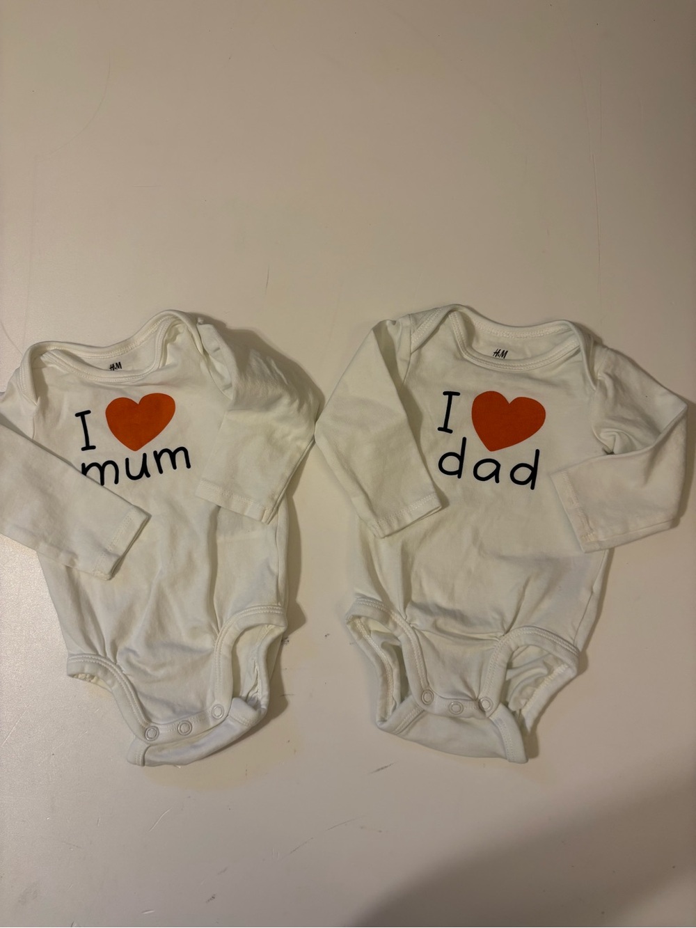 H&M White Long-Sleeve Baby One-Piece with Orange Heart 'I ♥ Mum' & 'I ♥ Dad'